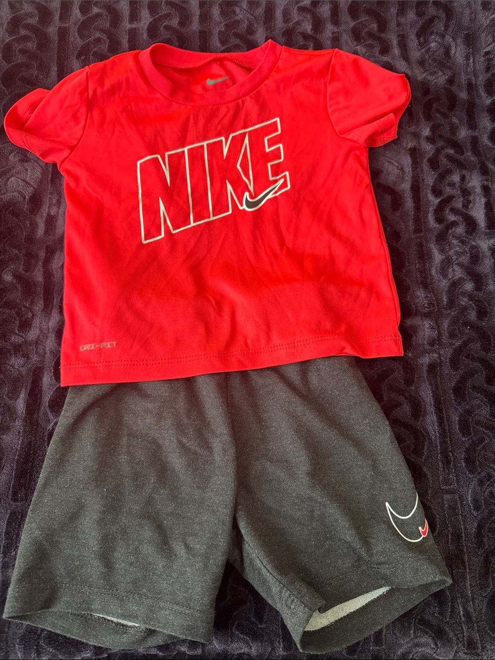 Nike Red Logo Tee with Black Athletic Shorts